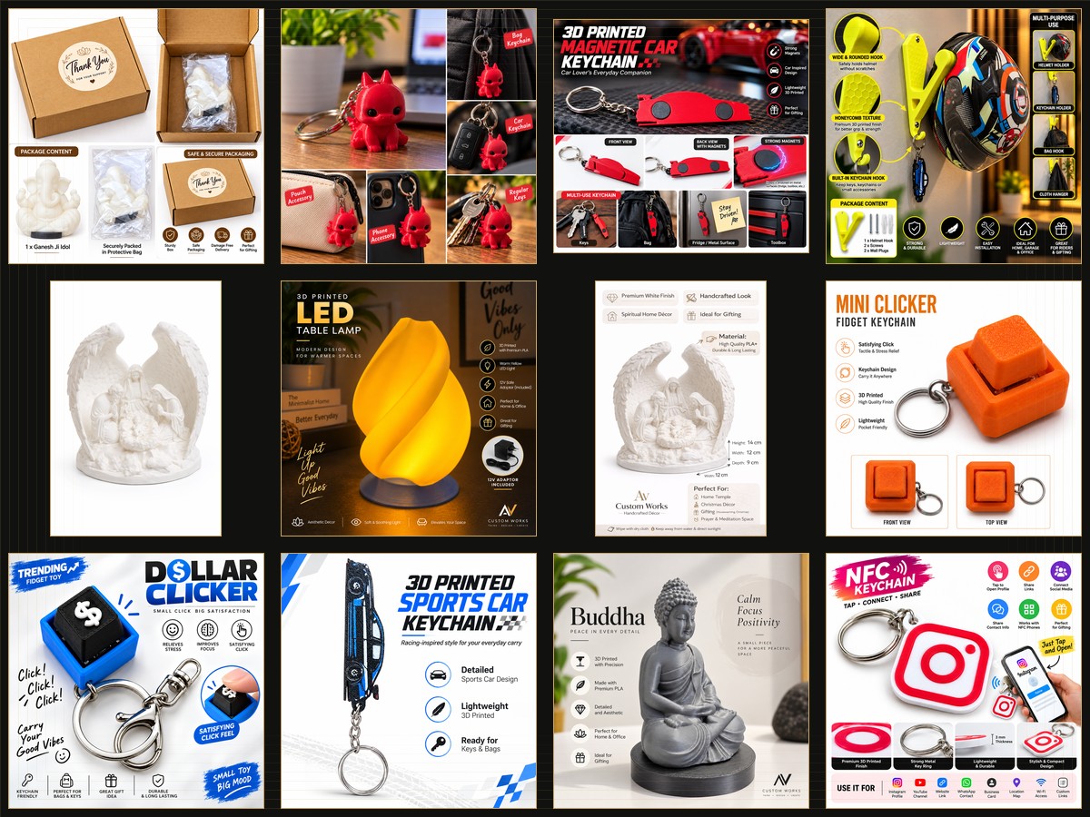 AV Custom Works collection of 3D printed products